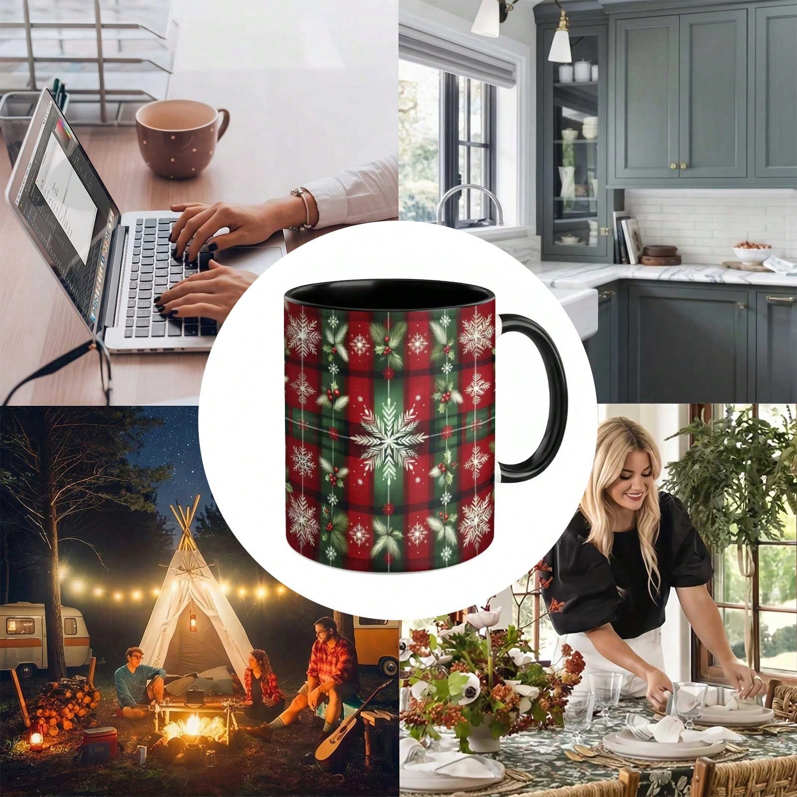 11 oz Christmas Snowflake Holly Tartan Plaid Ceramic Mug
