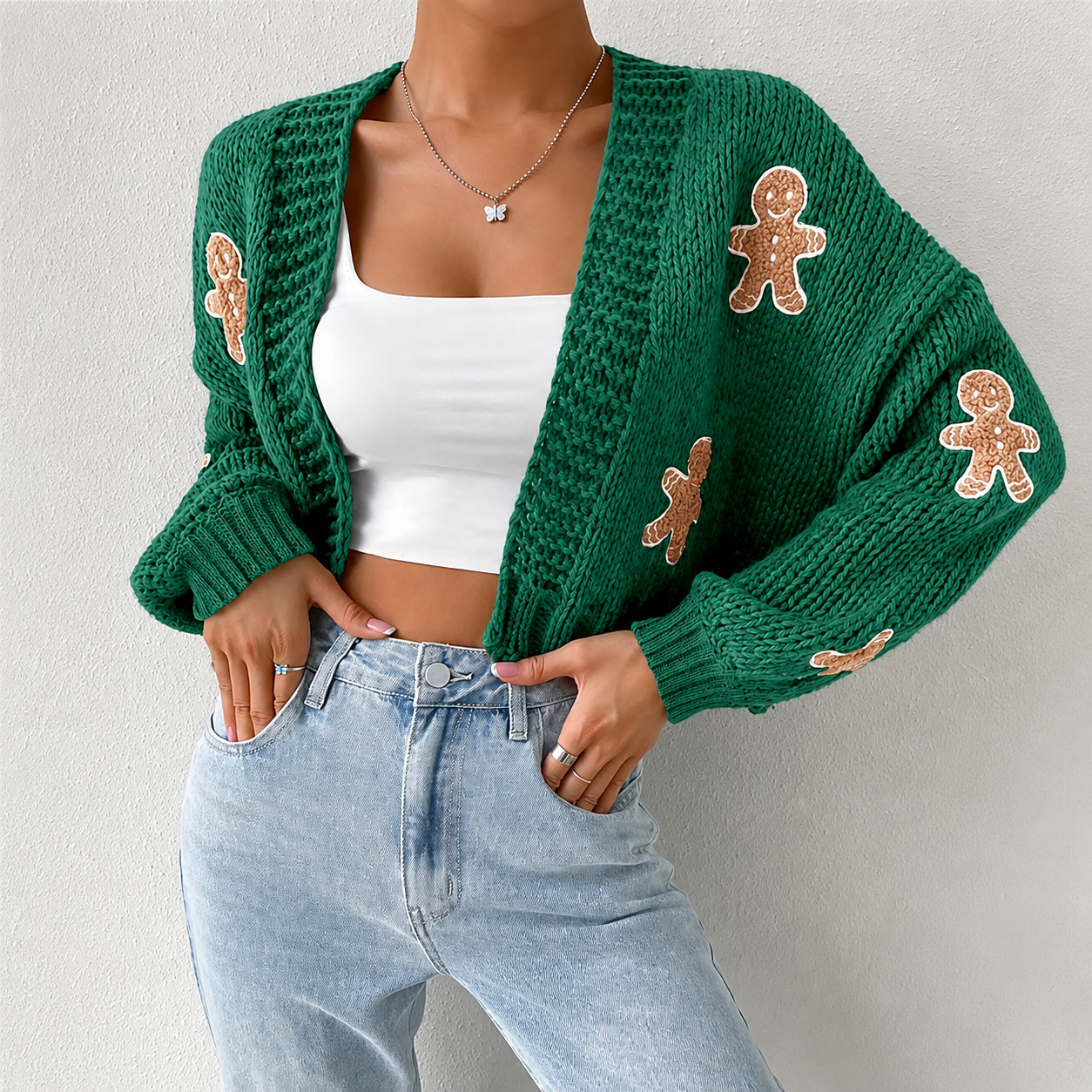 Cropped Knit Gingerbread Pattern Christmas Cardigan Sweater For Women