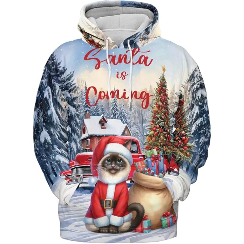 Christmas Santa Cat Truck Tree All Over Print 3D Zip Hoodie