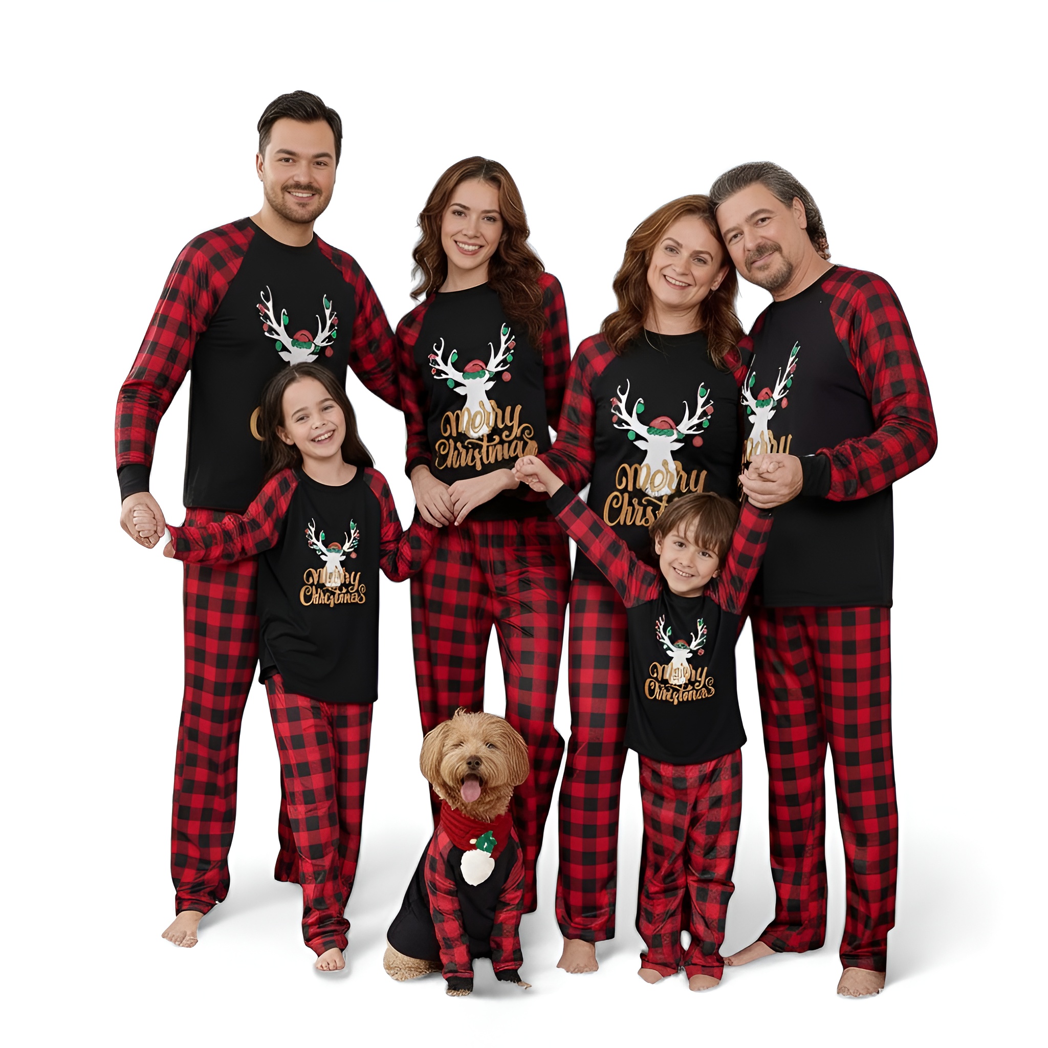 Christmas Merry Letter Print And Antler Graphic Plaid Splice Family Matching Set