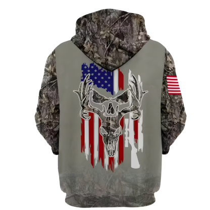 Men Patriotic Camo Hoodie With American Flag And Deer Skull Design