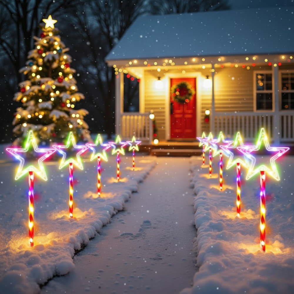 Six solar star stake pathway lights with multicolor LED outlines lining a snow-covered walkway in front of a house at dusk