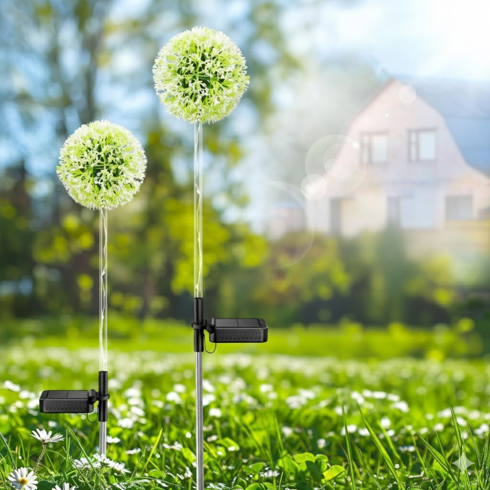 Two solar dandelion garden pathway lights with white flower-ball heads and solar panels staked in green lawn