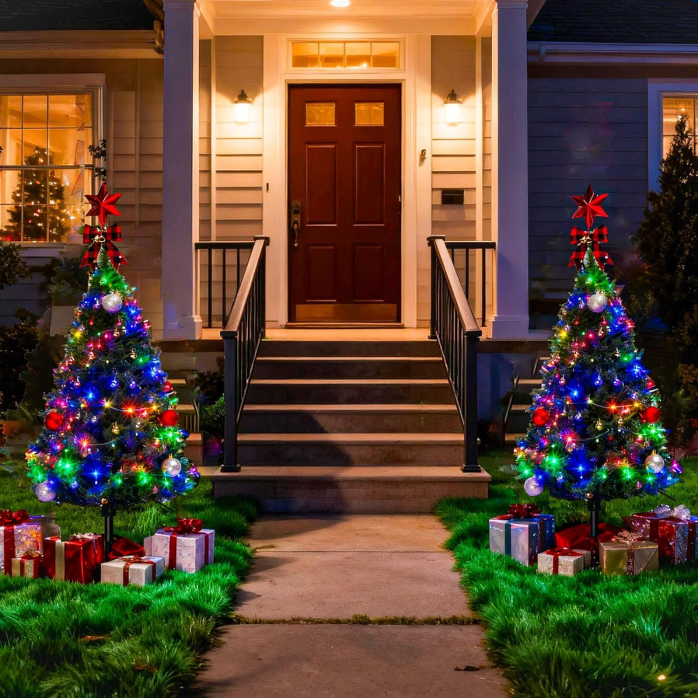 Pack of 2 solar Christmas tree pathway lights with multicolor LEDs flanking a front door entrance at night, gift boxes at base, warm porch lighting