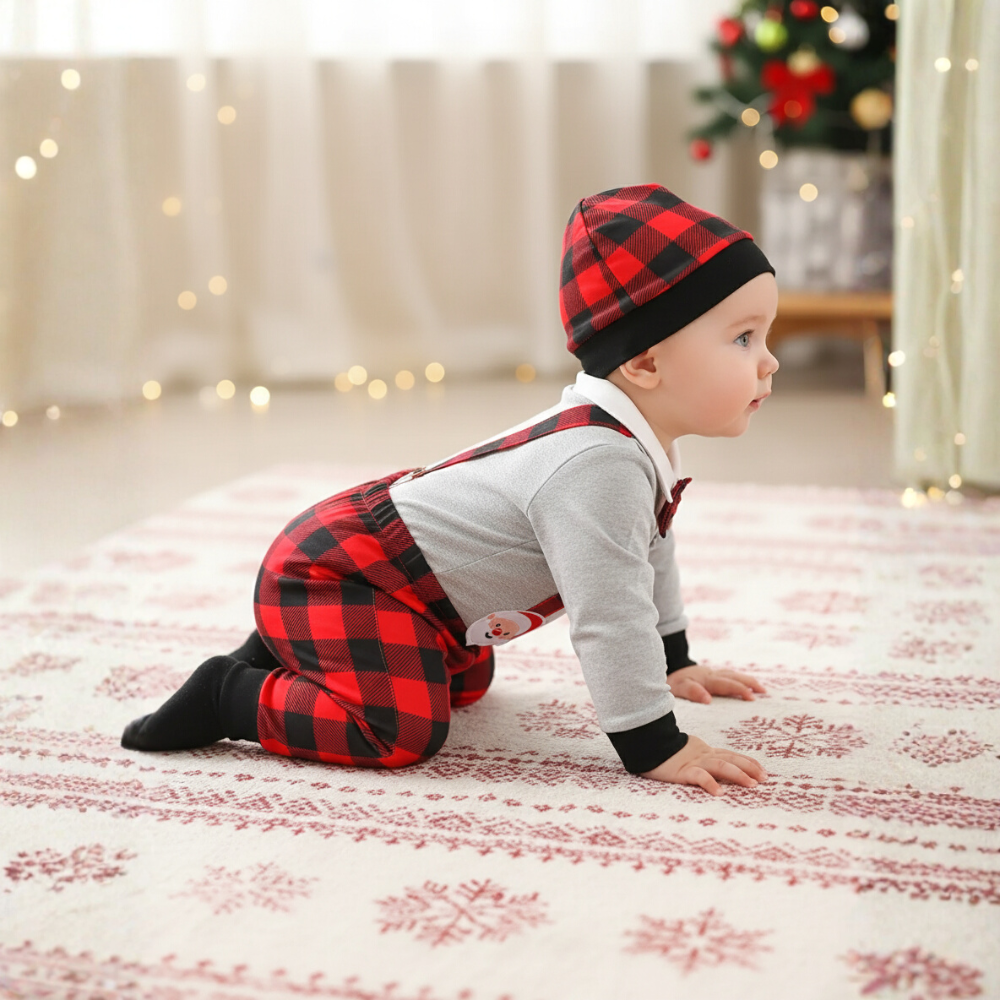 Plaid Long Sleeve Christmas Outfit Set with Suspenders Pants and Matching Hat