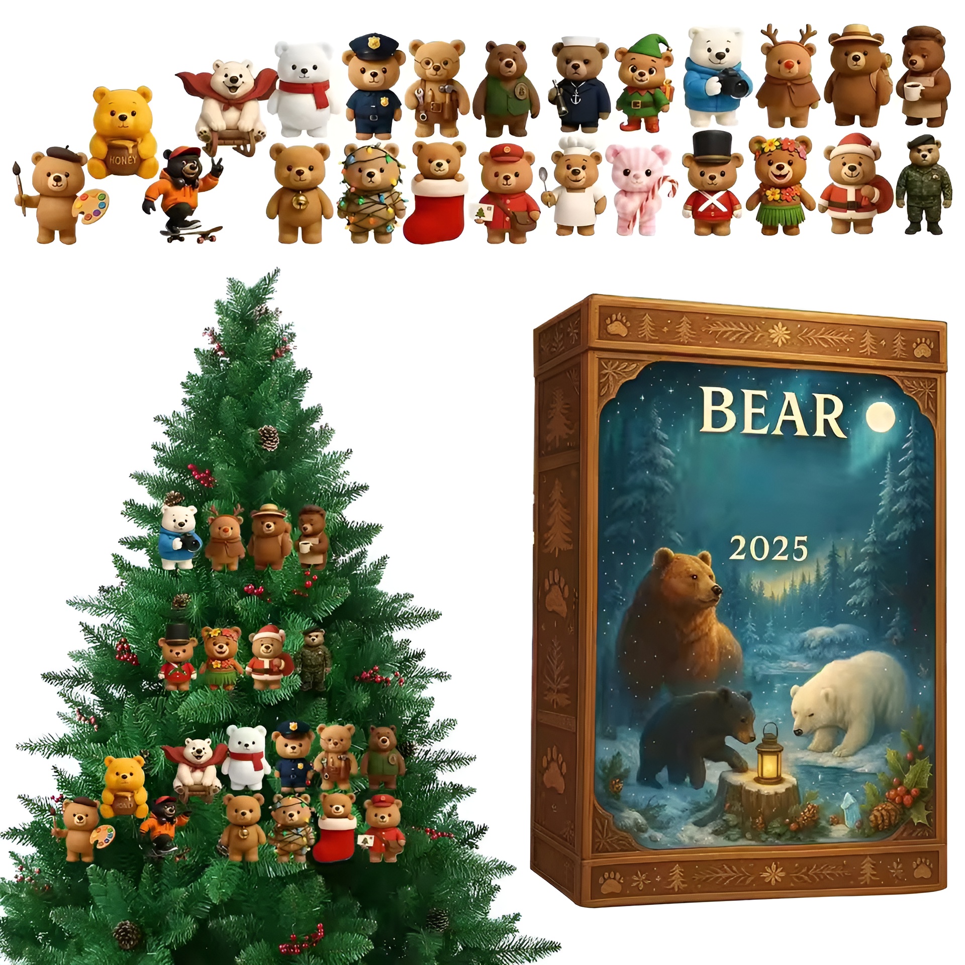 2025 Bear Christmas Advent Calendar 24pcs 2D flat bear acrylic pendants
