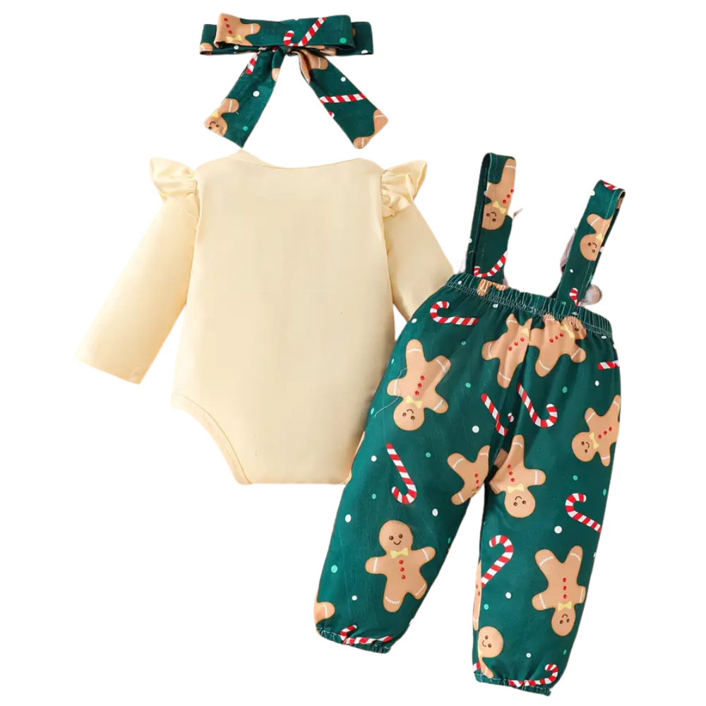 Christmas Themed Top and Pants Outfit Set for Girls with Santa and Gingerbread Design