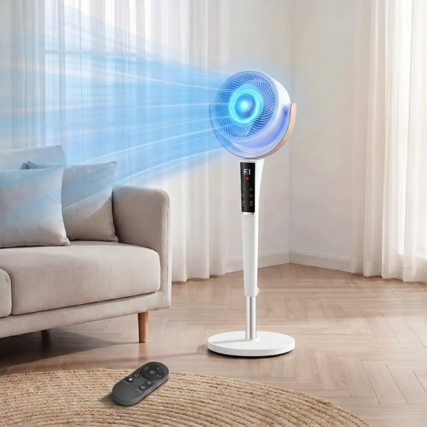 Portable LED Light Bedroom Pedestal Fan With 5 Speed Modes And Remote