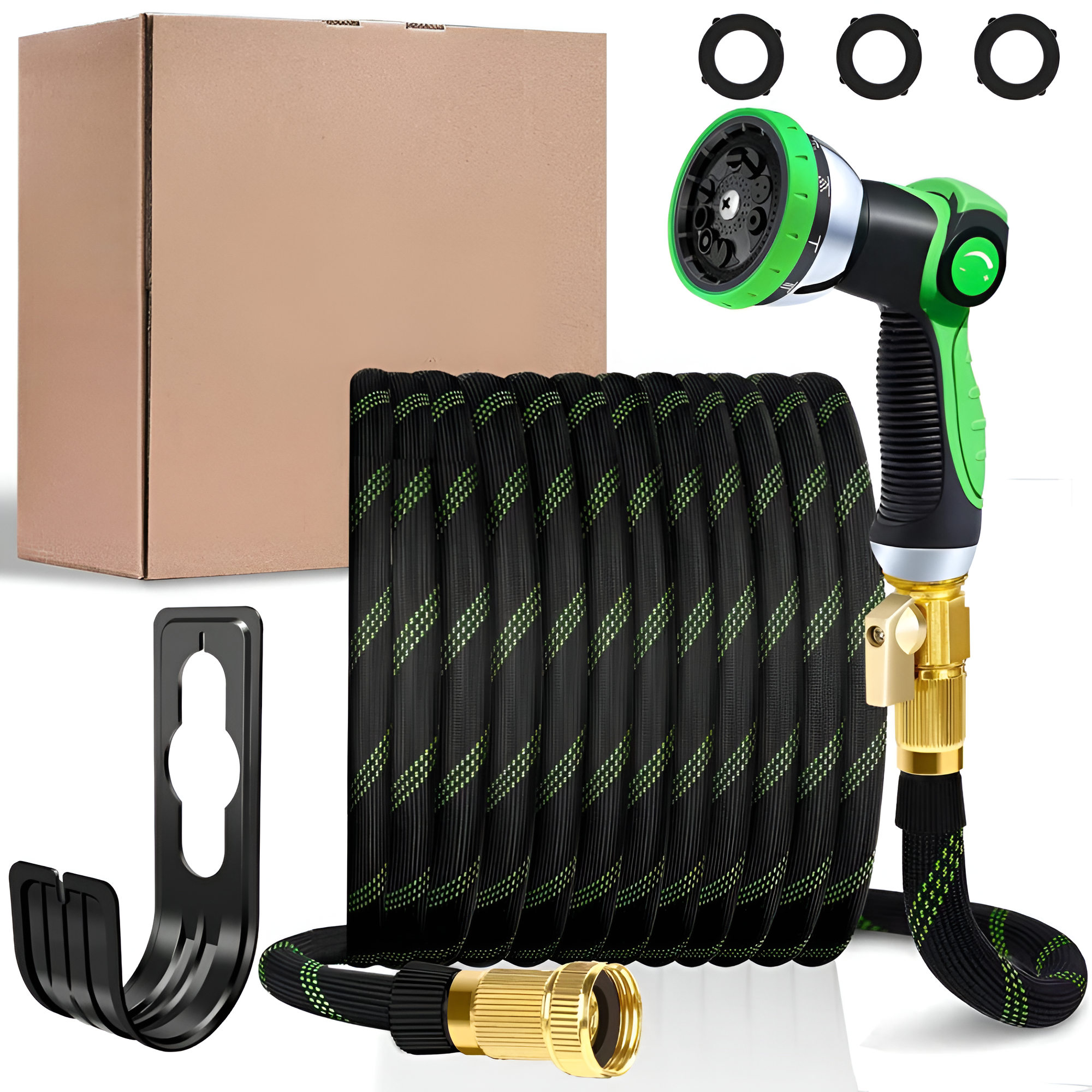 LOVFEN 25/50/75/100FT Braided Garden Hose Set With 10-Function Adjustable Spray Nozzle, Lightweight
