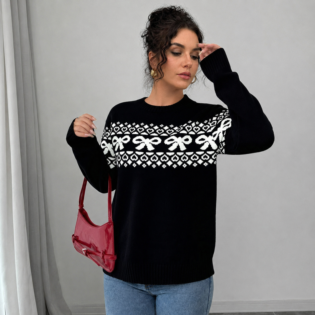 Casual Minimalist Everyday Bow Decor Christmas Sweater For Women
