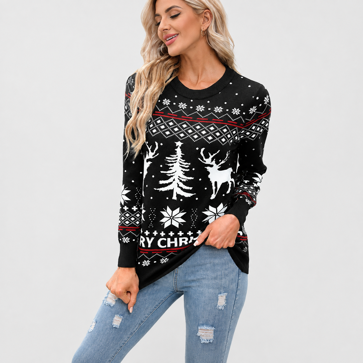 Long Sleeve Pullover Reindeer Snowflake Print Christmas Sweater For Women