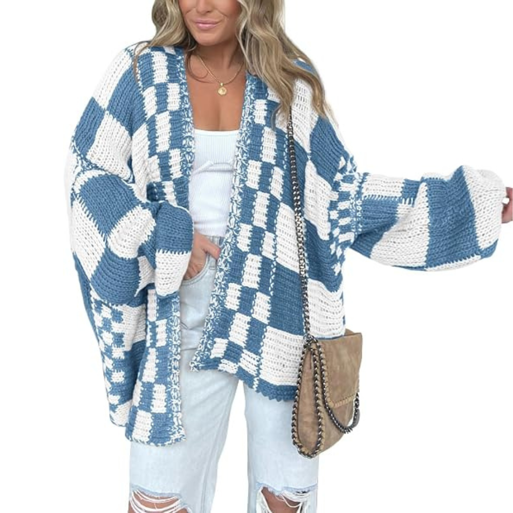 Casual Long Sleeve Checkered Chunky Cardigan For Women