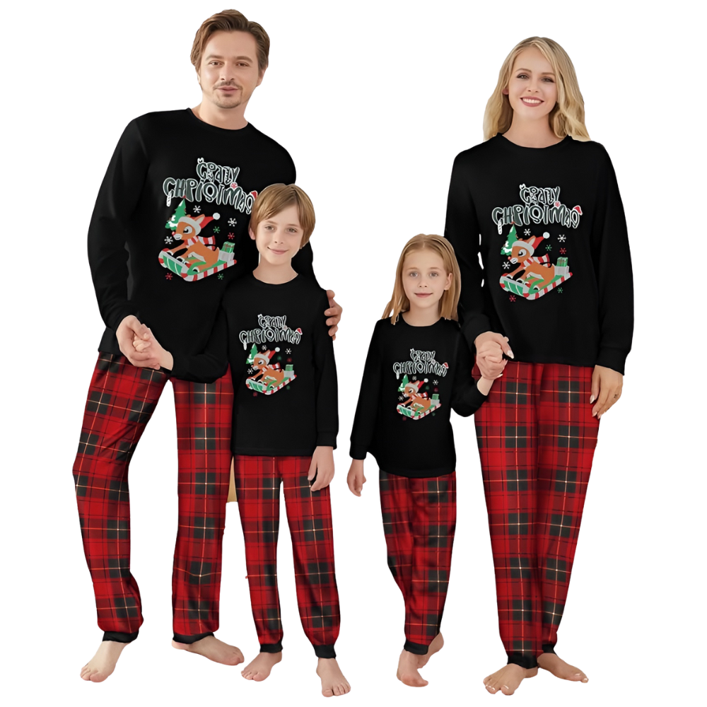 Reindeer Sleigh Merry Christmas Printed Family Matching Plaid Pajama Set