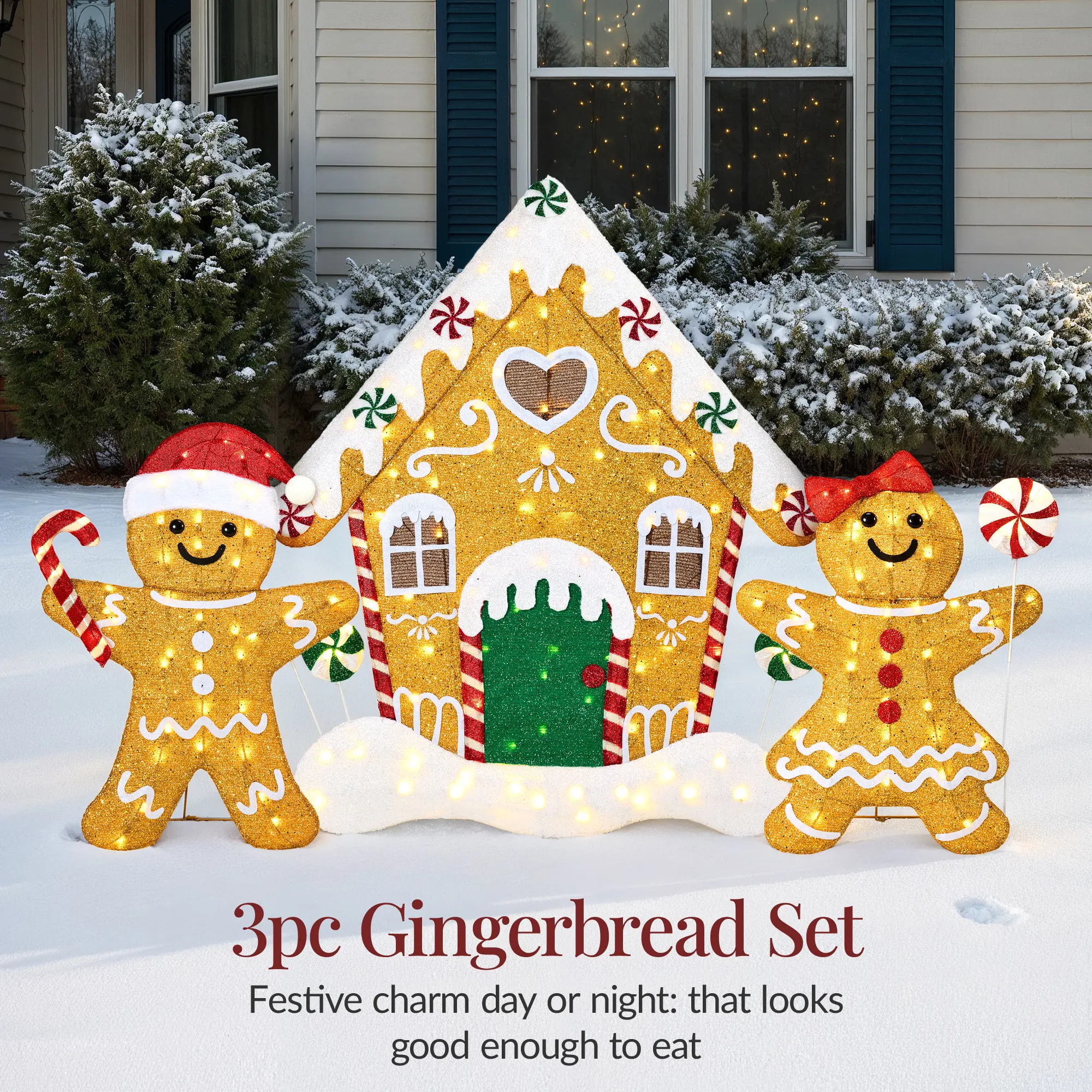 Best Choice Products 3pc Gingerbread Man Family 2D Christmas Yard Decor, 4ft Light Up Holiday Lawn Decoration w/House, 185 LED Lights