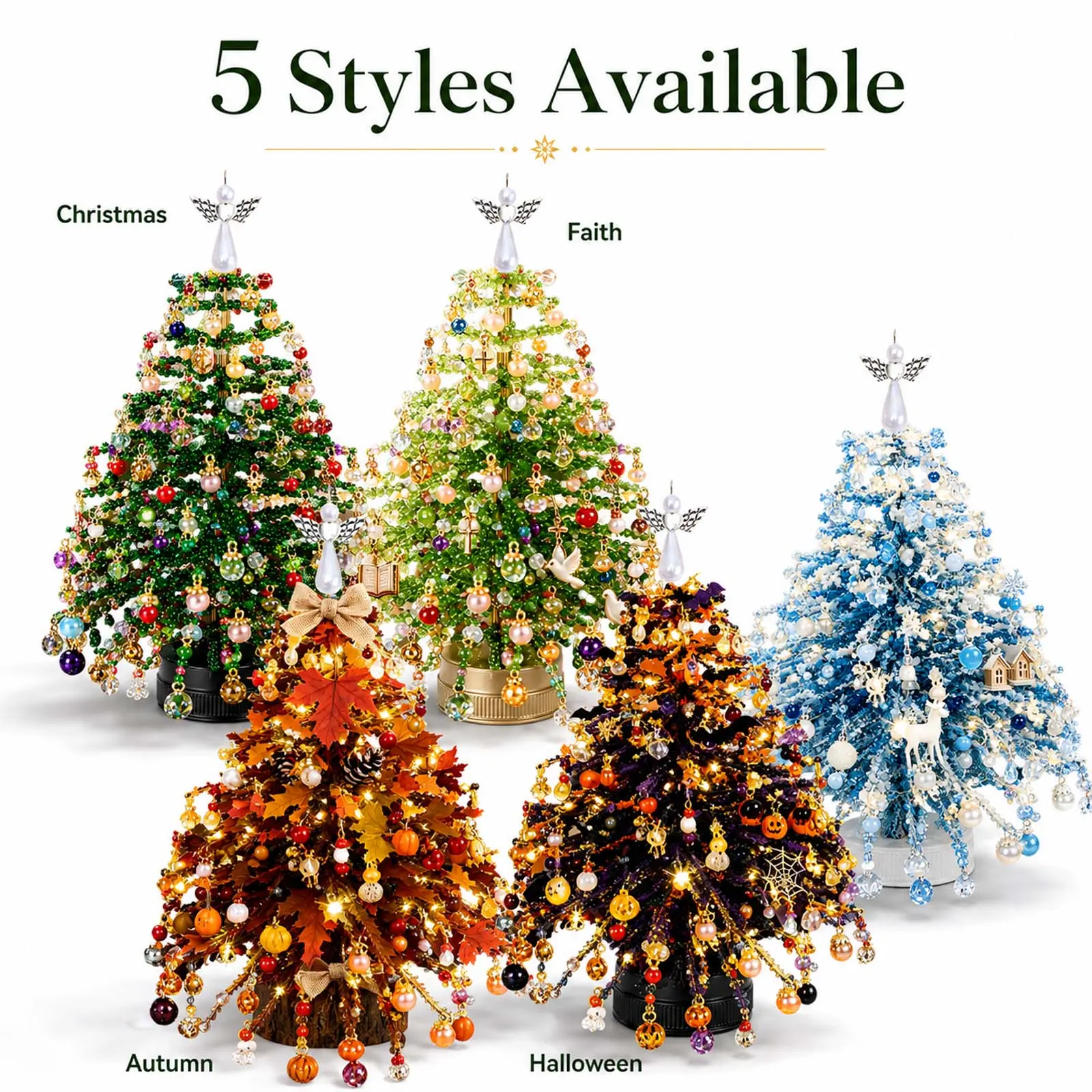 DIY Beaded Christmas Tree Kit, Handmade Sparkling Tabletop Xmas Decor with Angel Tree Topper, Complete Craft Supplies Set, Holiday DIY Gift for Adults Family Home Decoration, 5 Styles Available