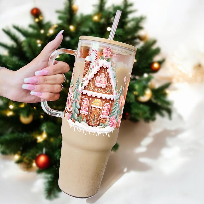 40oz Christmas Cheer Washable Glass Cup With Bamboo Lid And Silicone Straw