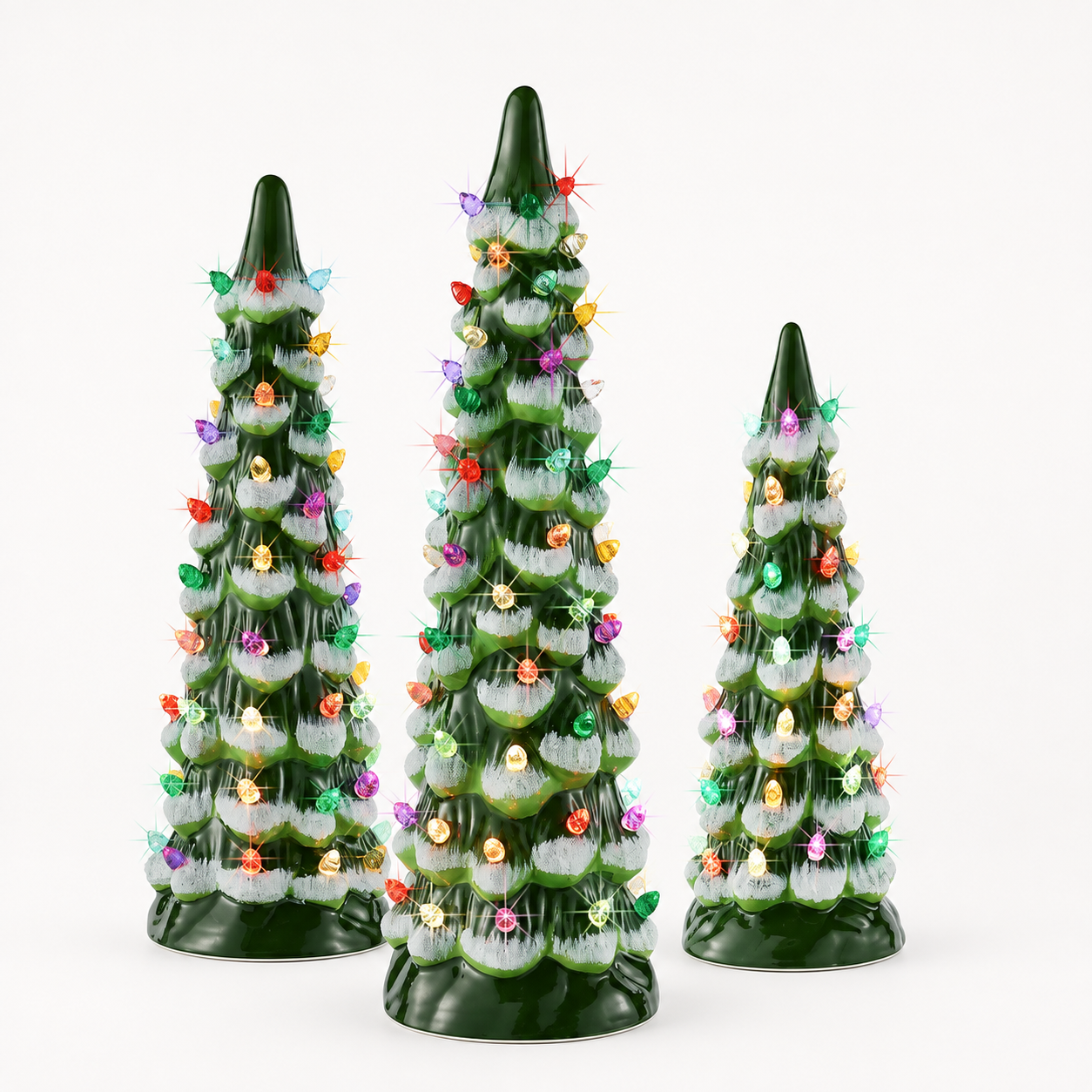 Set of 3 Pre Lit Painted Ceramic Tabletop Christmas Trees
