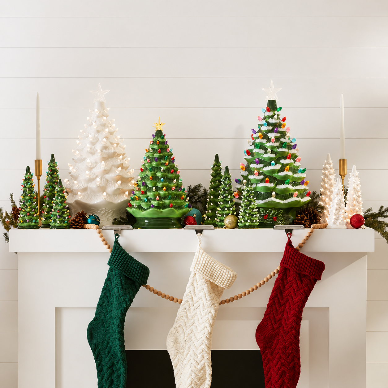 Set of 3 Pre Lit Painted Ceramic Tabletop Christmas Trees