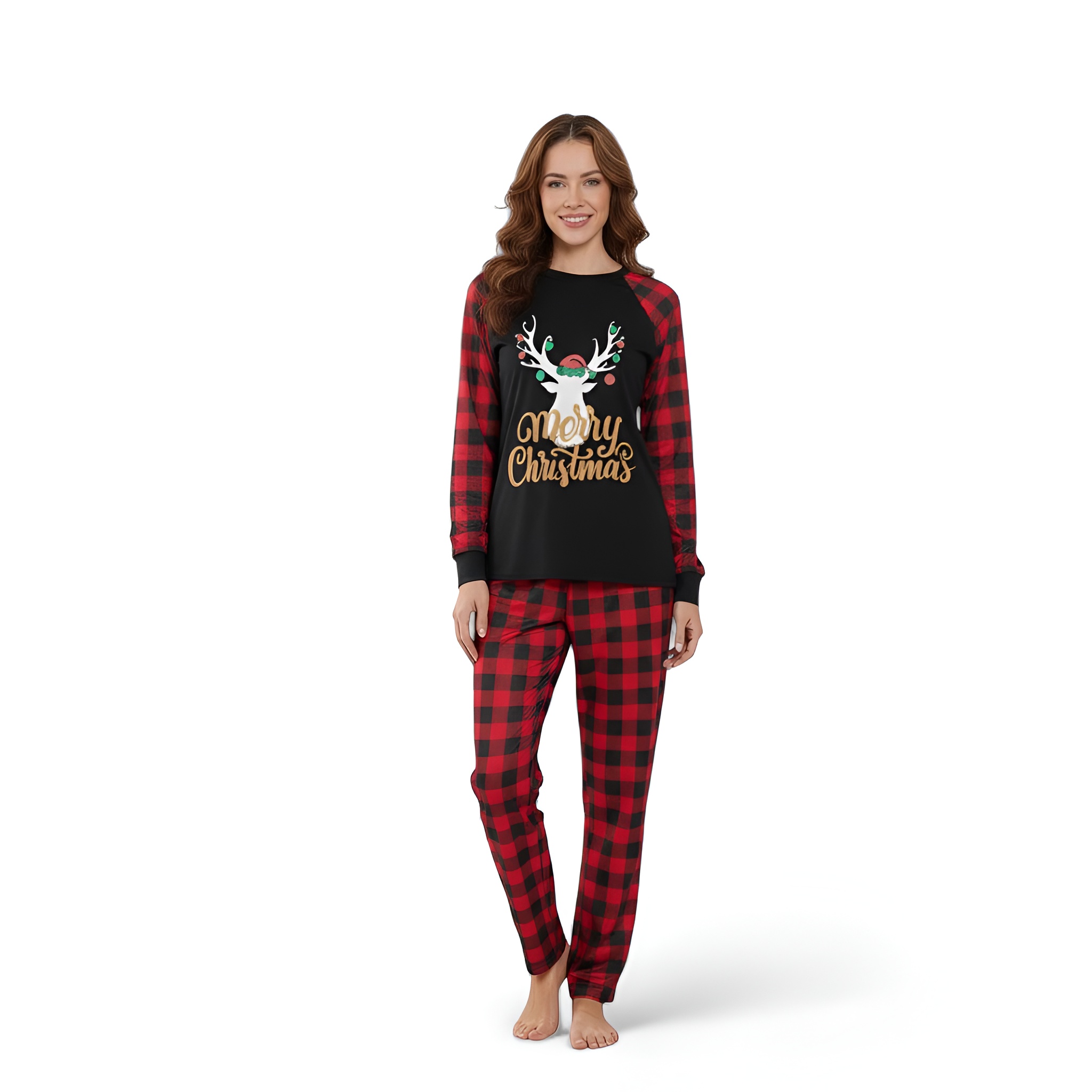 Christmas Merry Letter Print And Antler Graphic Plaid Splice Family Matching Set
