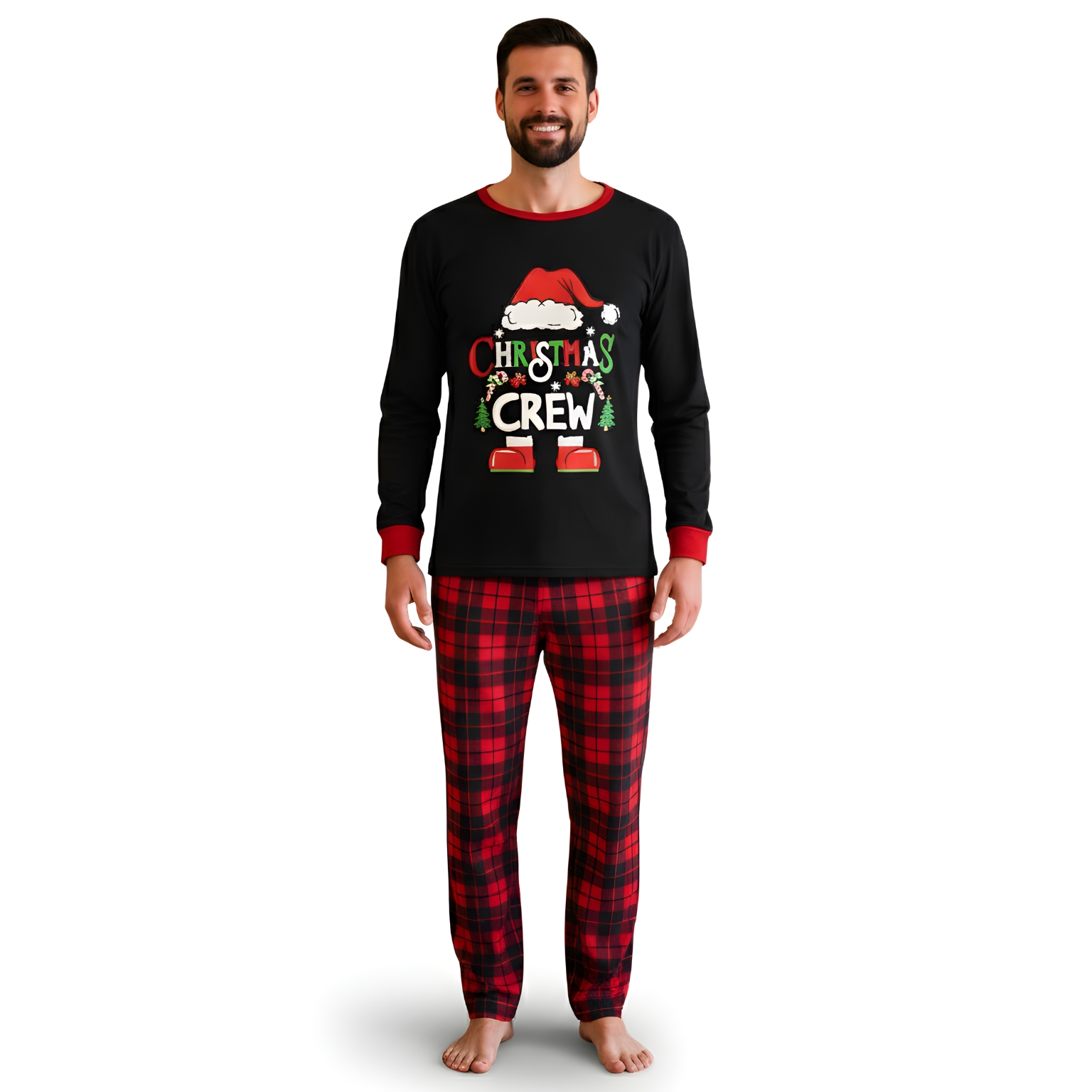 Christmas Crew Printed Family Matching Plaid Pajama Set