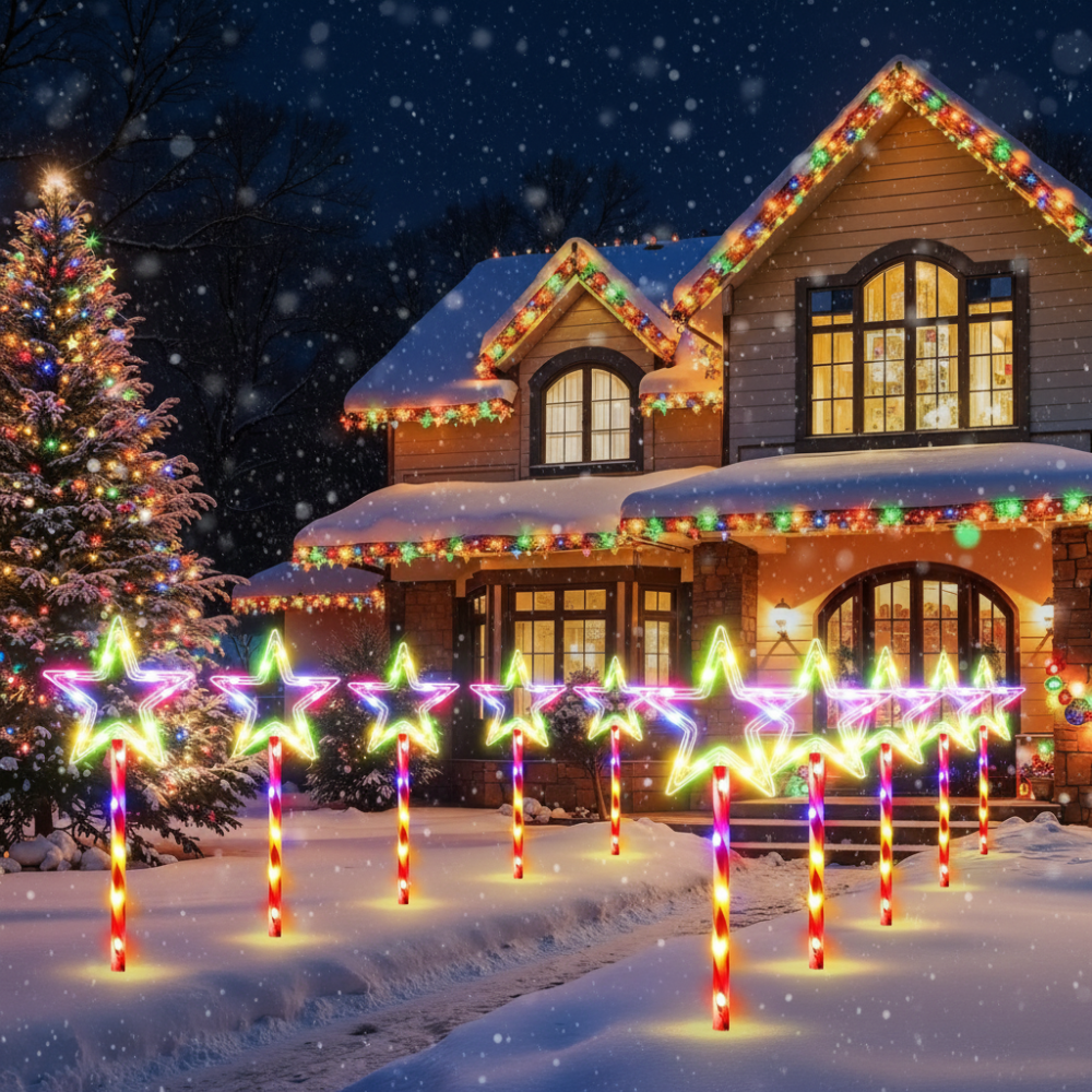 Six solar color-changing star pathway lights lining both sides of a snow-covered driveway in front of a brightly lit Christmas home