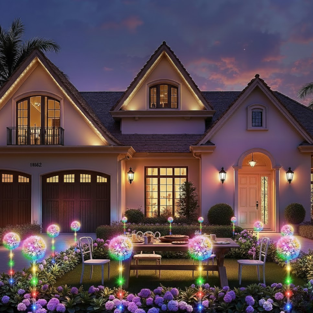Solar dandelion garden lights with multicolor glowing sphere heads lining a flower garden border at dusk