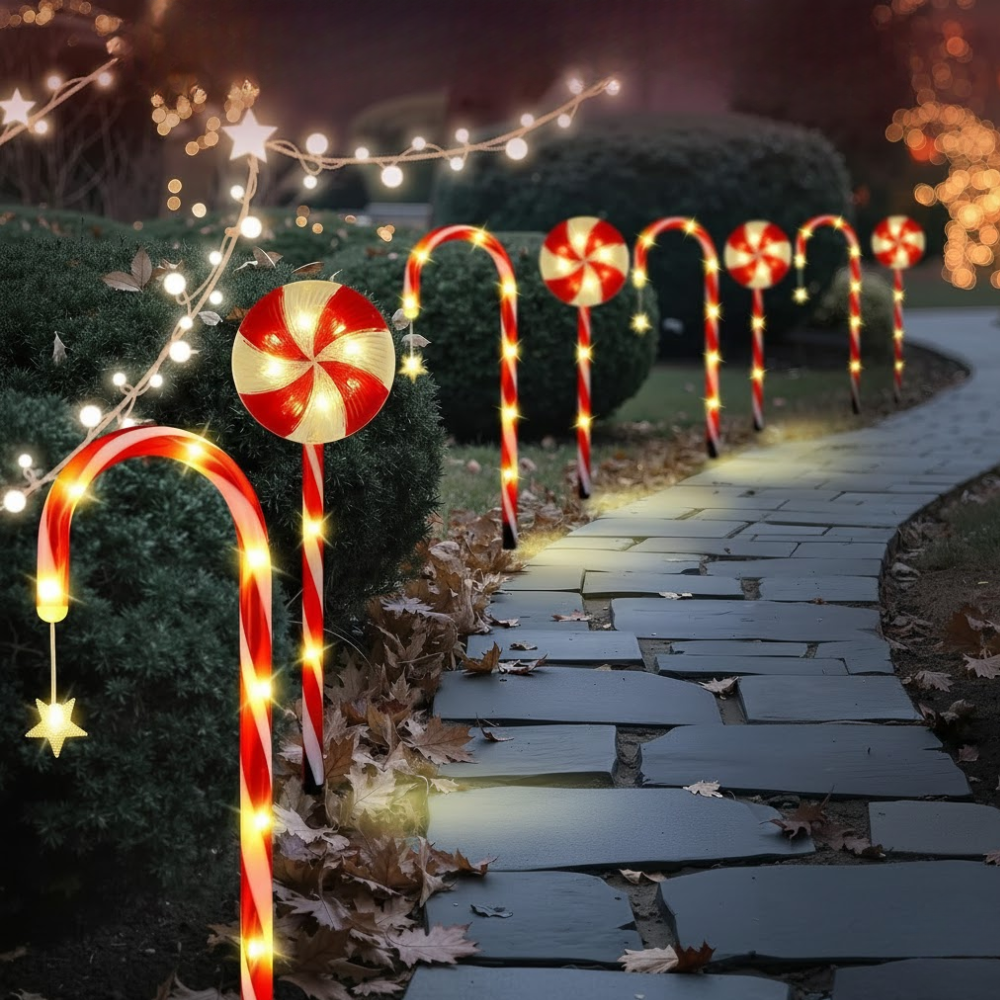Candy cane and peppermint solar pathway stake lights glowing in warm amber along garden walkway at night