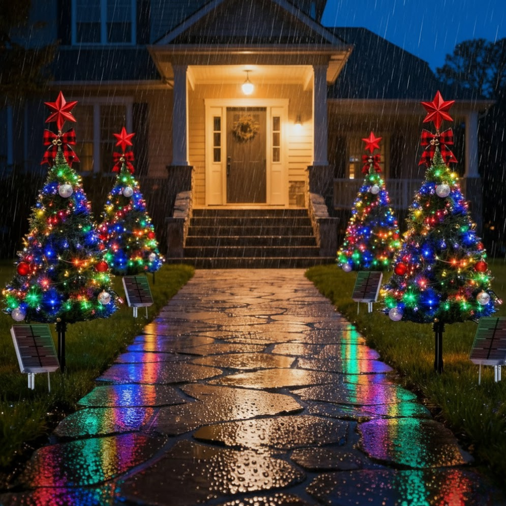 Three solar Christmas tree pathway stake lights with multicolor LEDs lining a wet reflective stone walkway toward a lit house at night