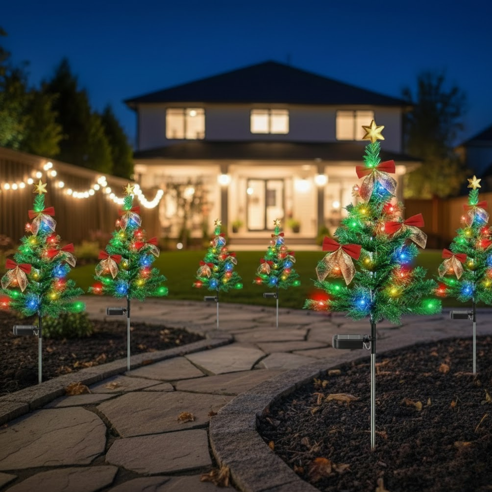 Pack of 2 solar Christmas tree pathway lights with multicolor LEDs, bows, and star toppers staked along a garden path beside a lit house at night