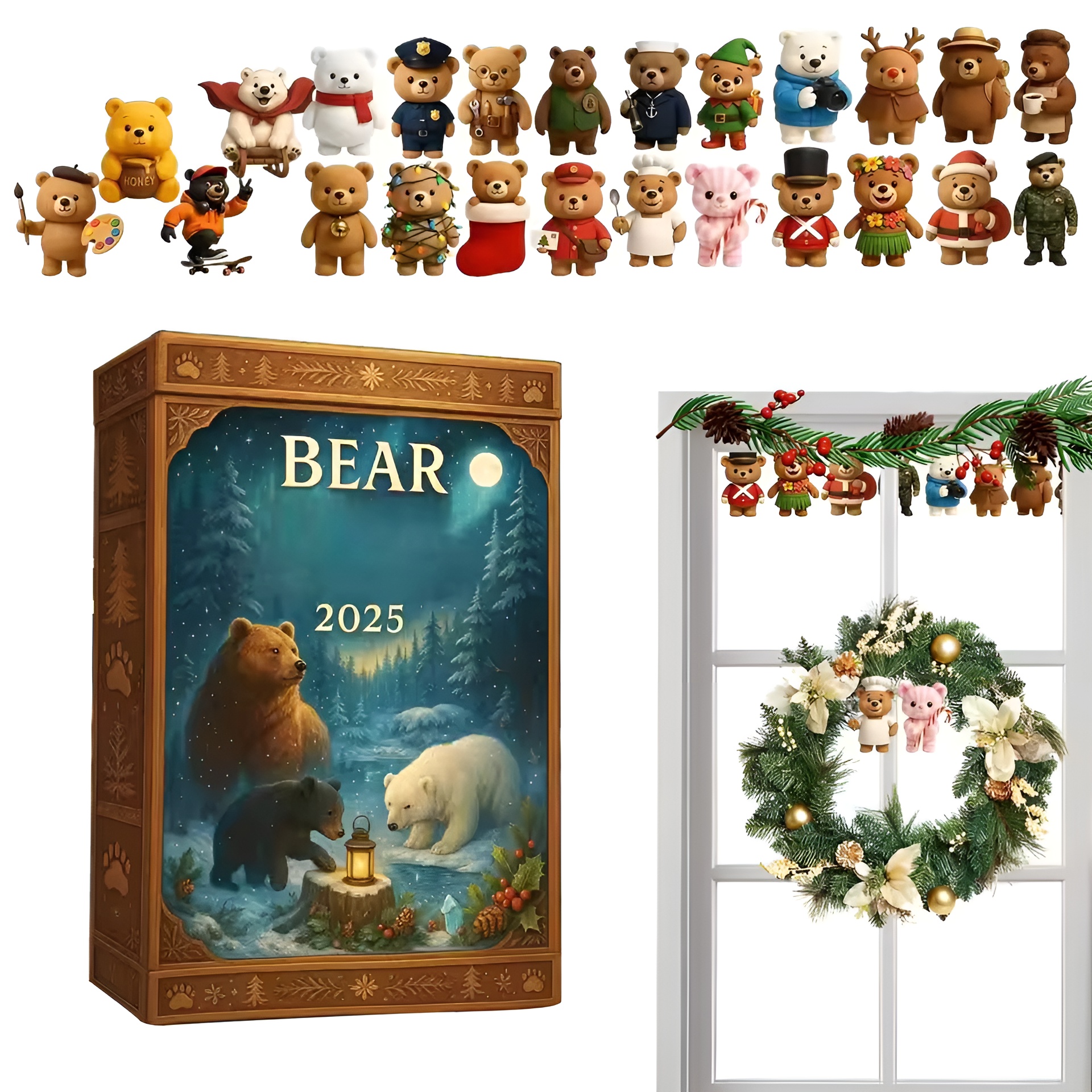2025 Bear Christmas Advent Calendar 24pcs 2D flat bear acrylic pendants