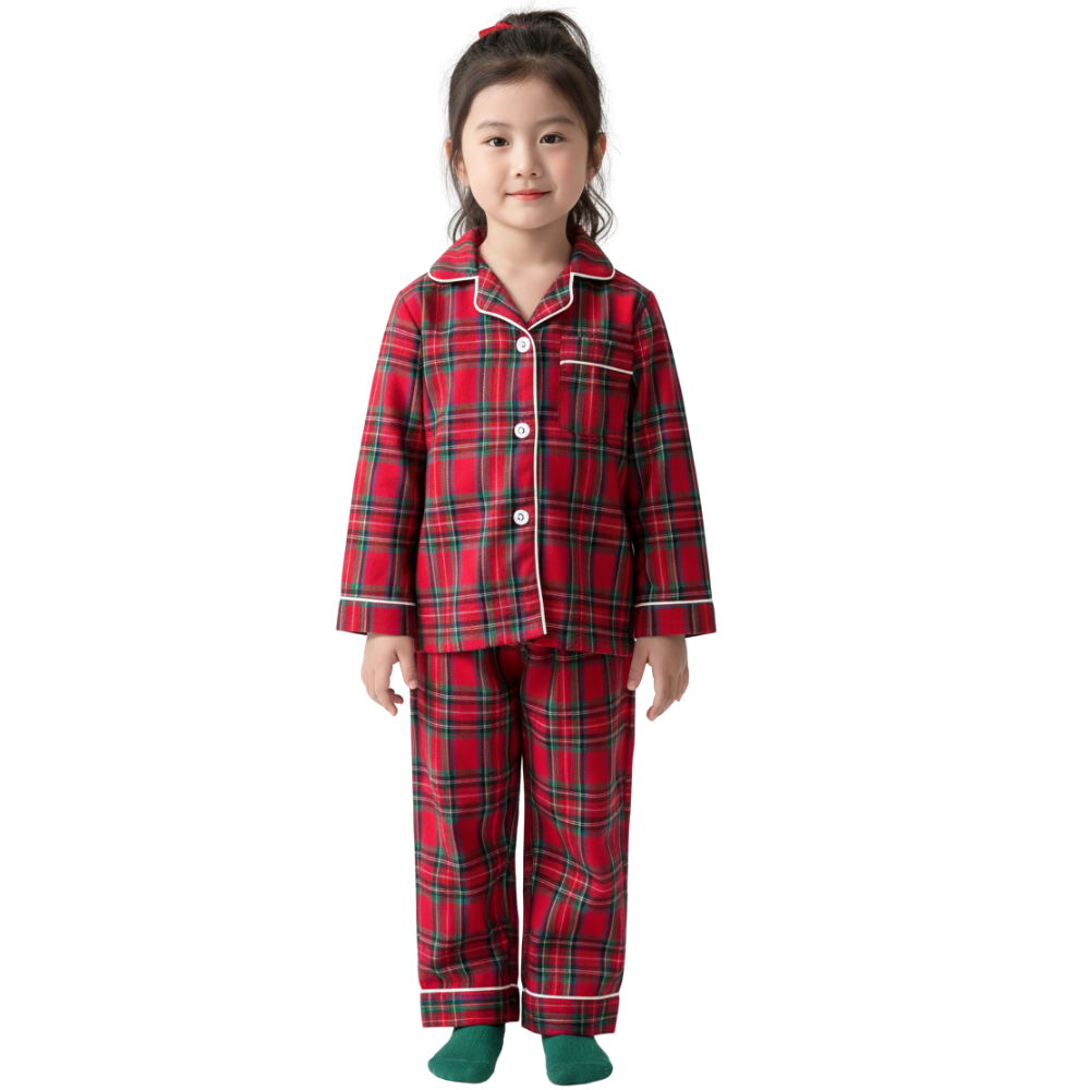 Kids Cotton Plaid Long Sleeve Pajama Set For Boys And Girls