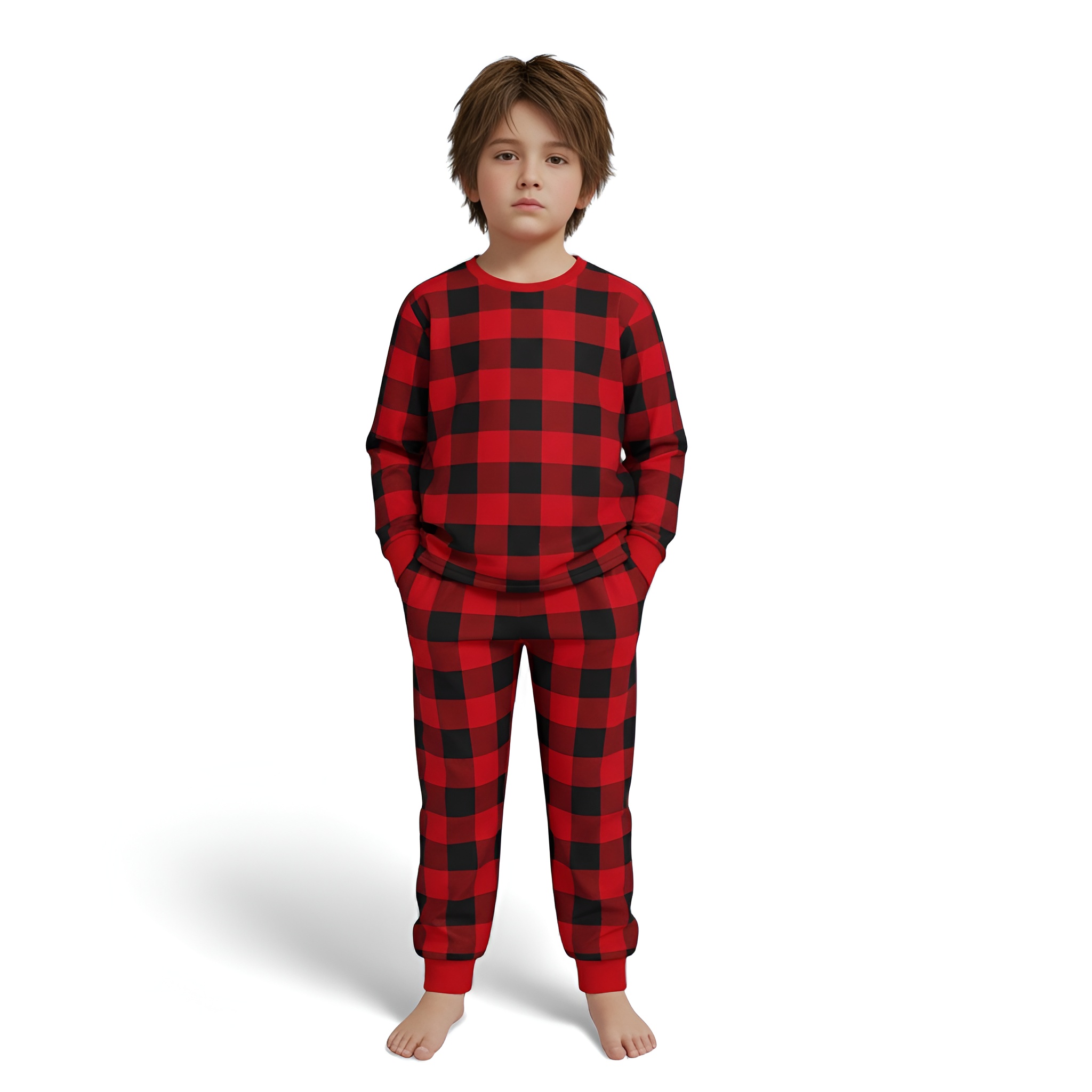 Flame Retardant Fabric New Christmas Round Neck Plaid Contrast Print