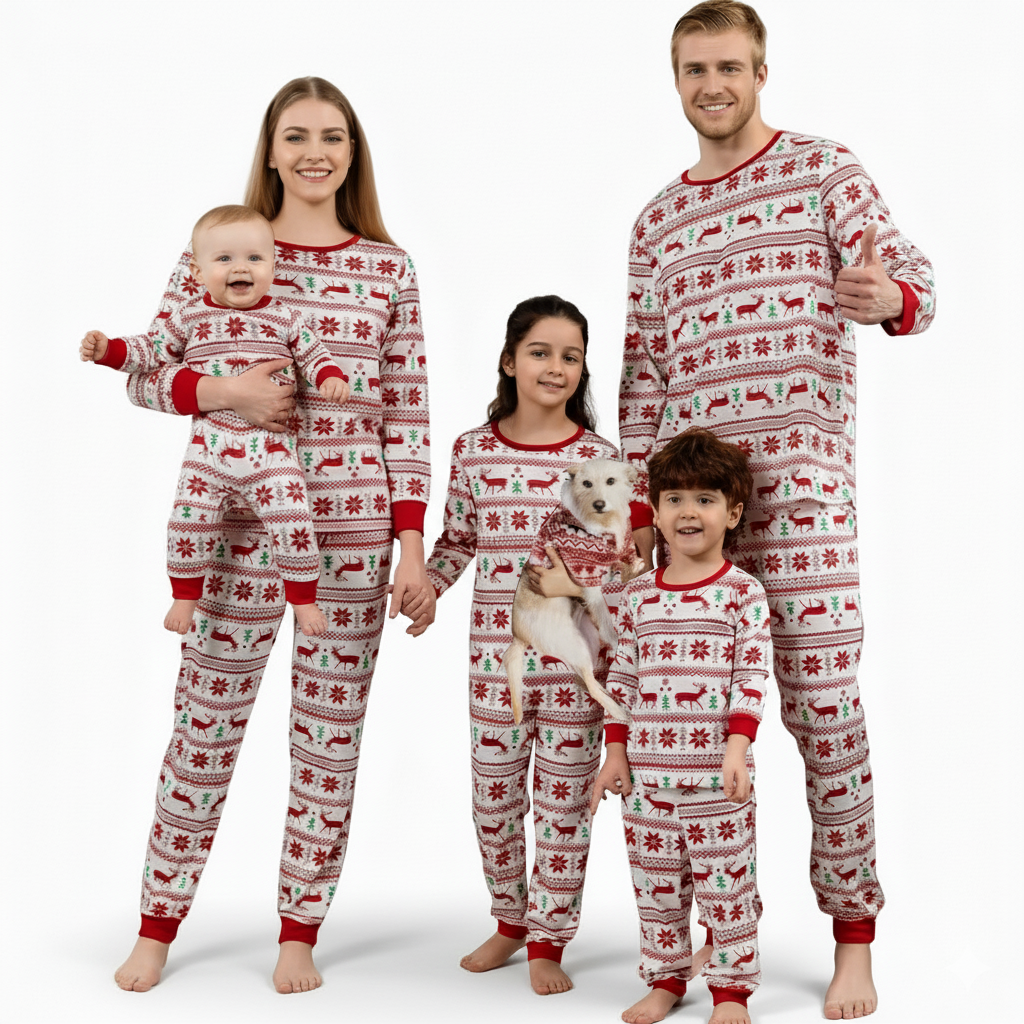 Reindeer And Snow Design Matching Family Christmas Pajamas With Long Sleeve Tops And Loungewear
