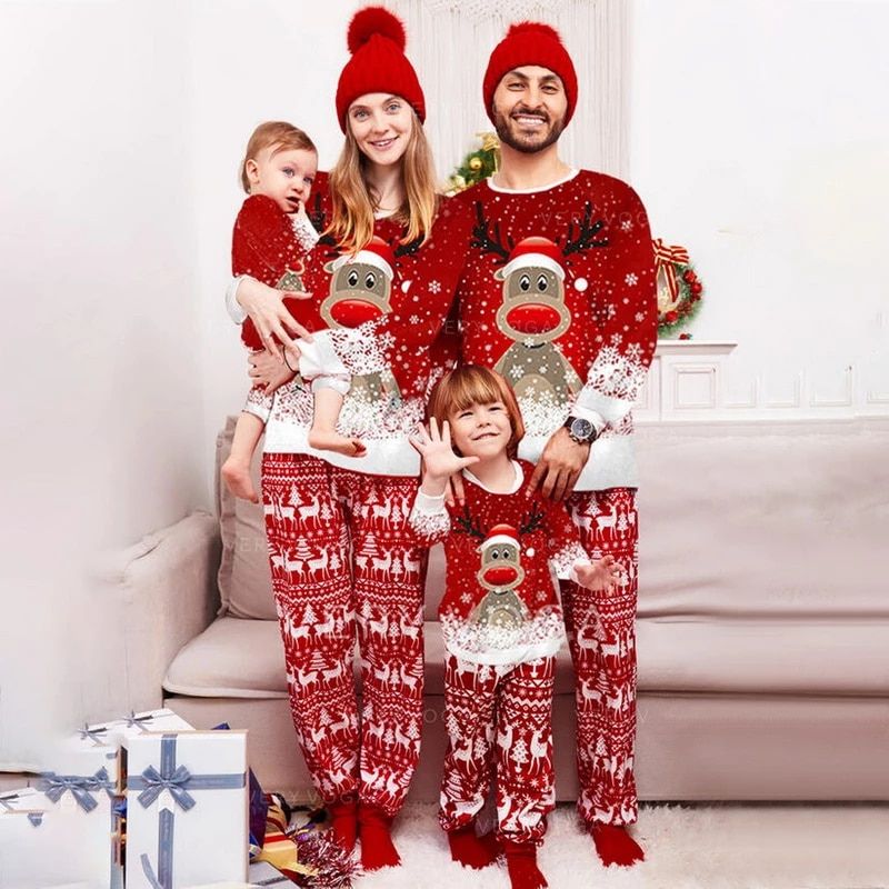 Xmas Deer Print Pajamas Sets - Amzemart