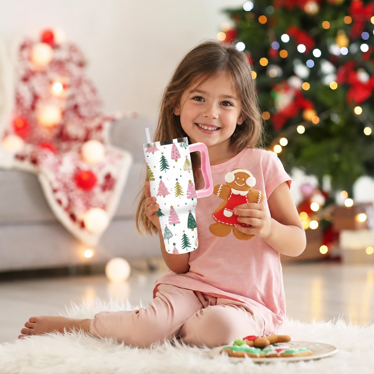 40 oz Boho Christmas Tree Stainless Steel Tumbler with Handle Lid and Straw