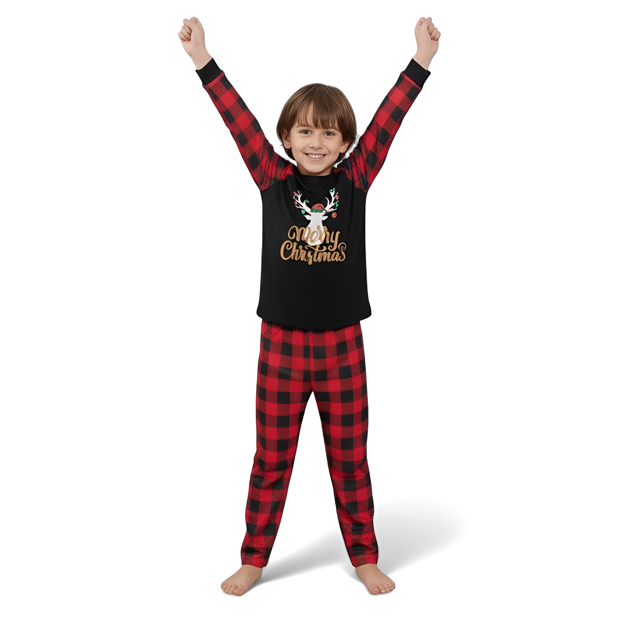 Christmas Merry Letter Print And Antler Graphic Plaid Splice Family Matching Set