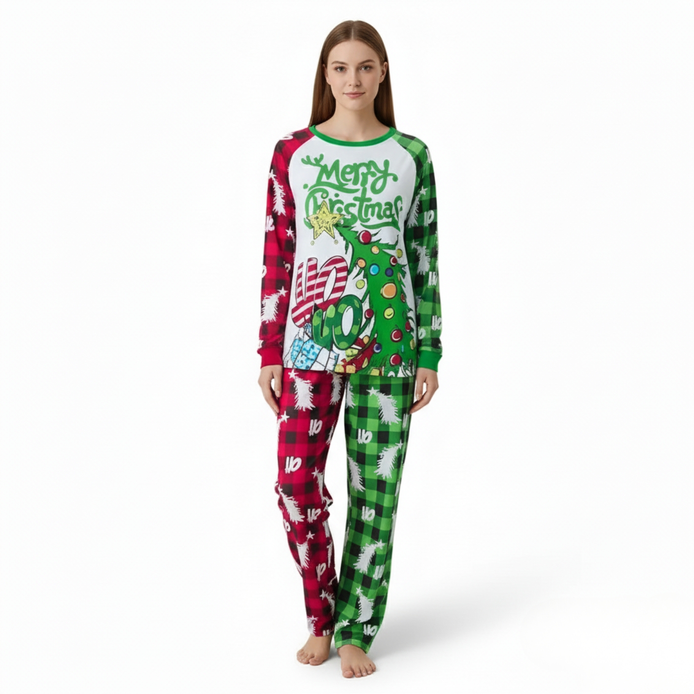 Christmas Tree Merry Christmas Printed Family Matching Plaid Pajama Set