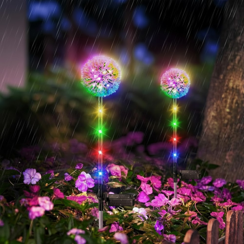 Two solar dandelion garden lights with glowing multicolor spherical LED heads staked among flowers in rain