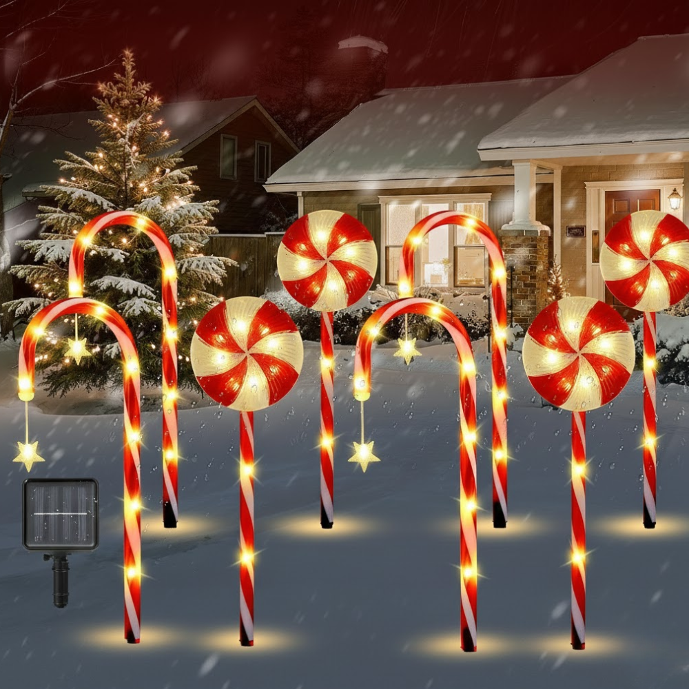 Solar Christmas pathway stake lights in candy cane and peppermint shapes staked in snowy yard during snowfall