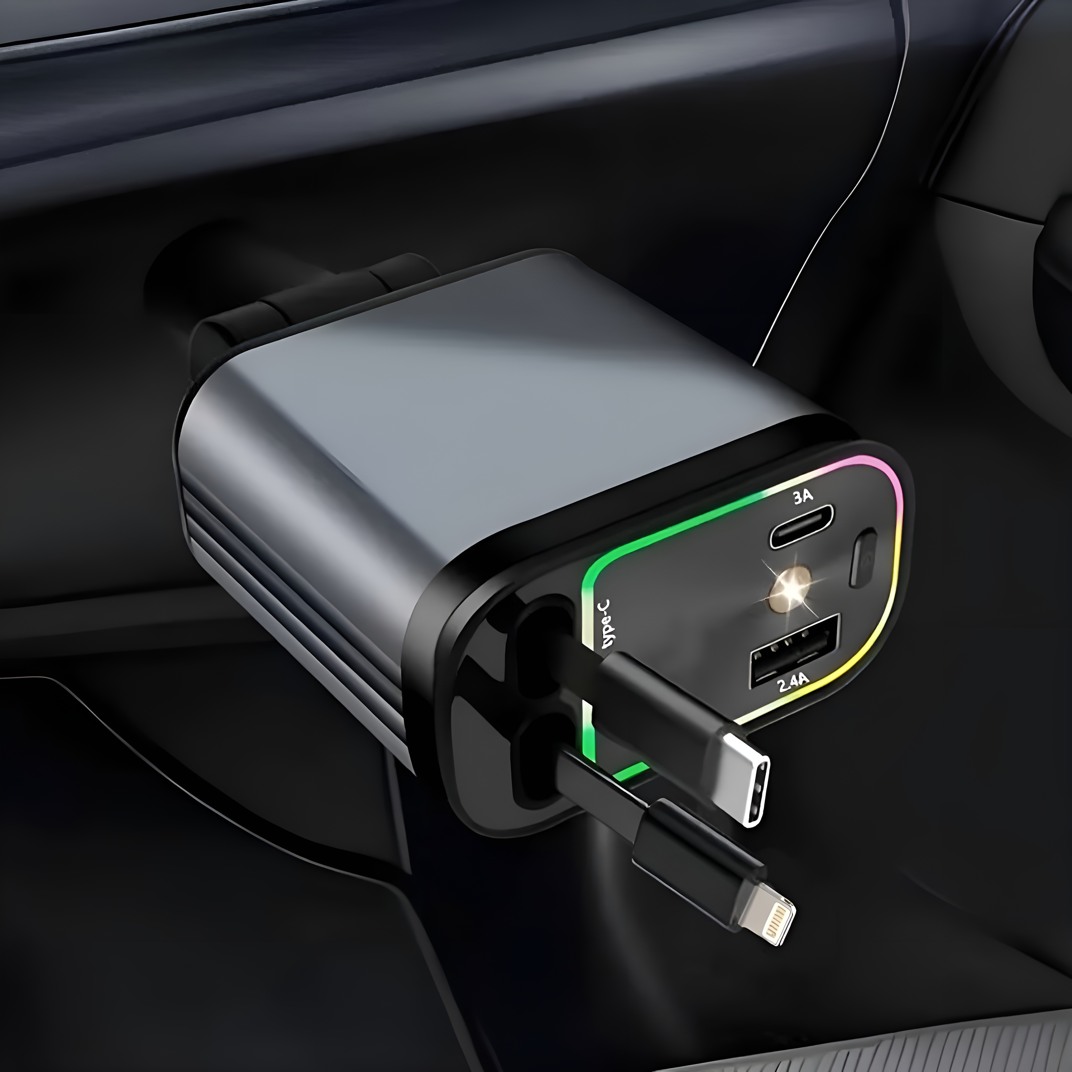4 In 1 Retractable Car Charger With Ambient Light