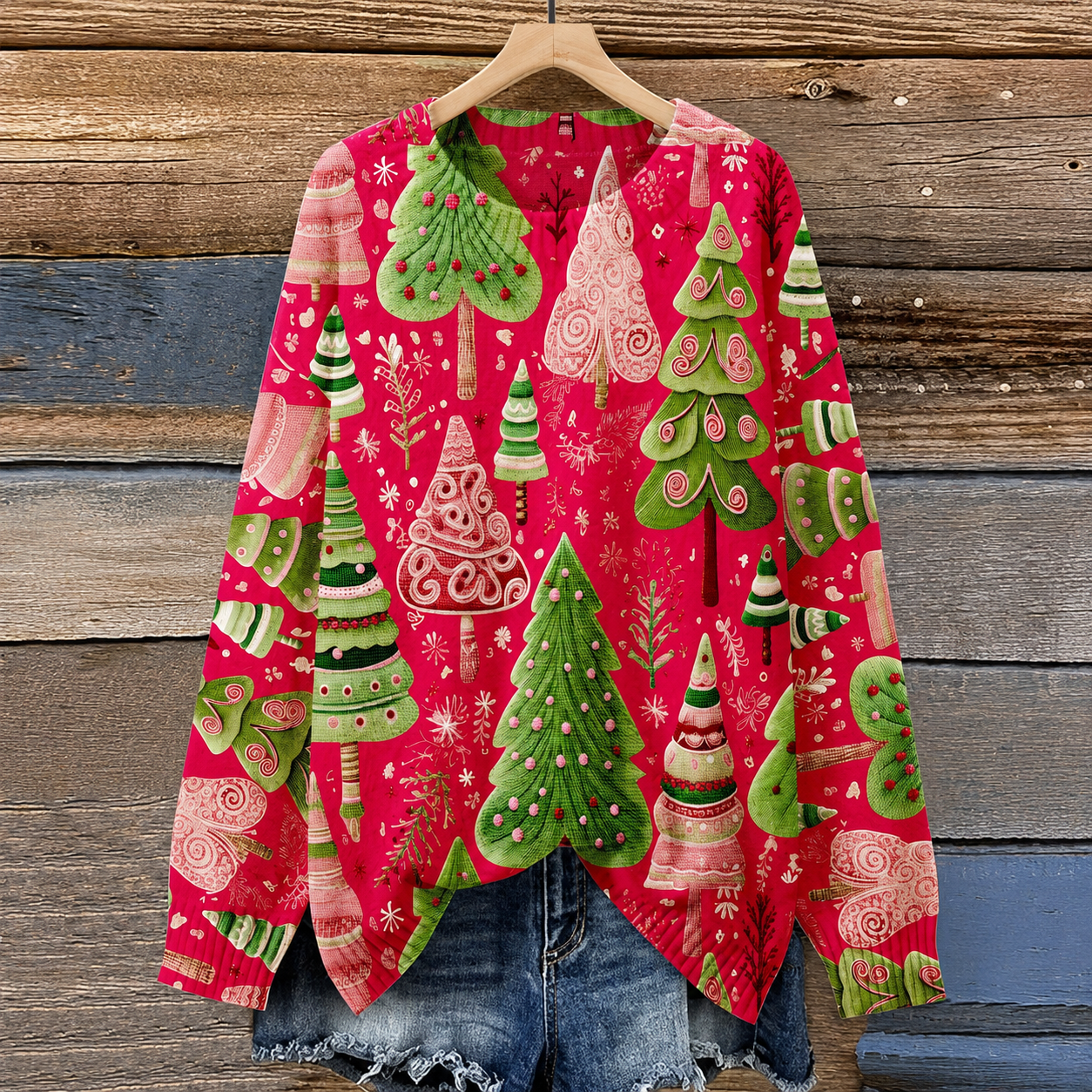 Plus Size 3D Casual Printed Knit Christmas Pine Tree Sweater For Women