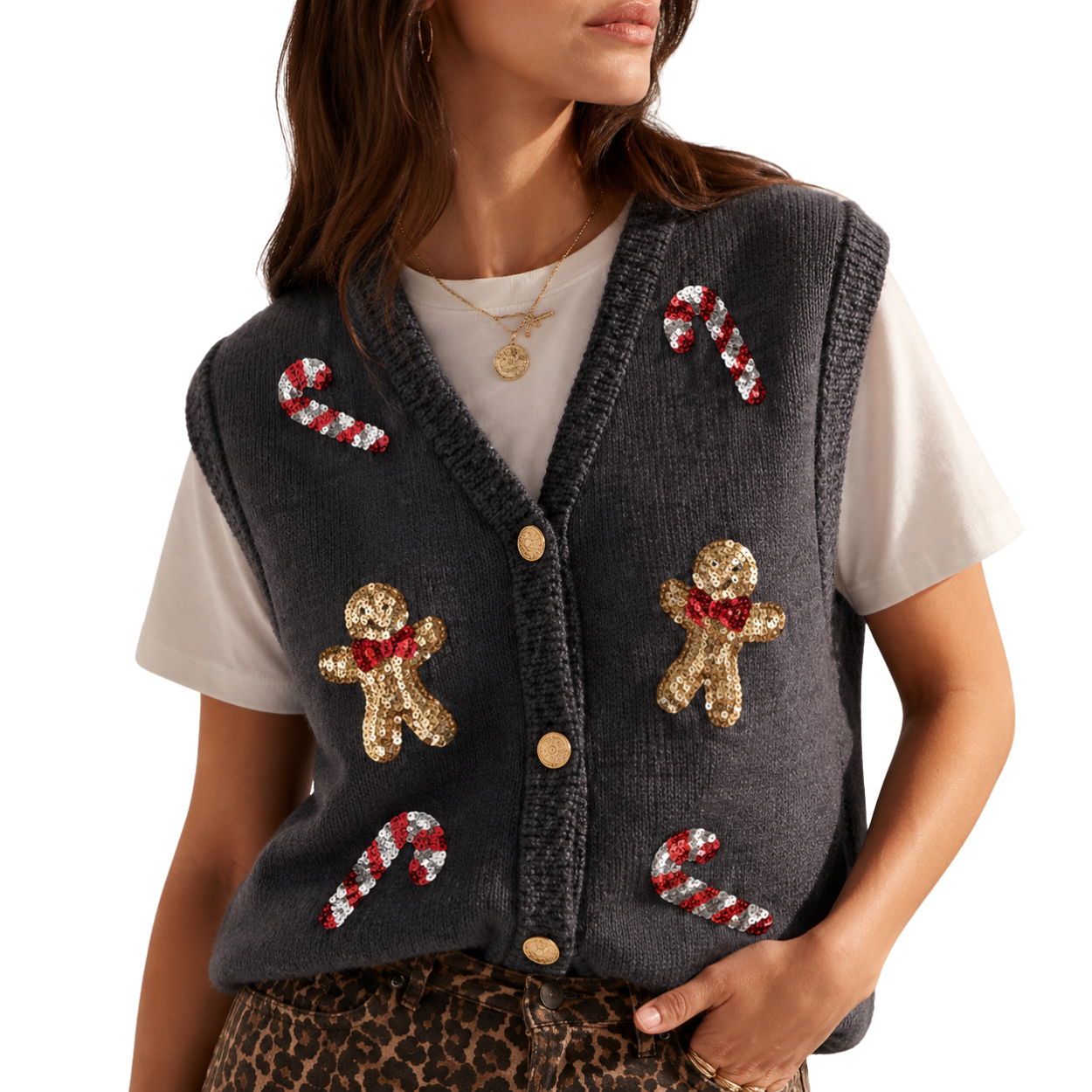 Casual Sleeveless Christmas Themed Cardigan Sweater For Women