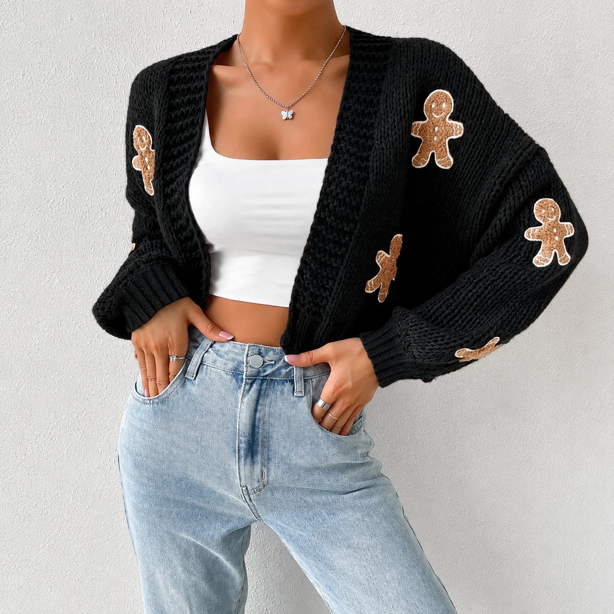 Cropped Knit Gingerbread Pattern Christmas Cardigan Sweater For Women