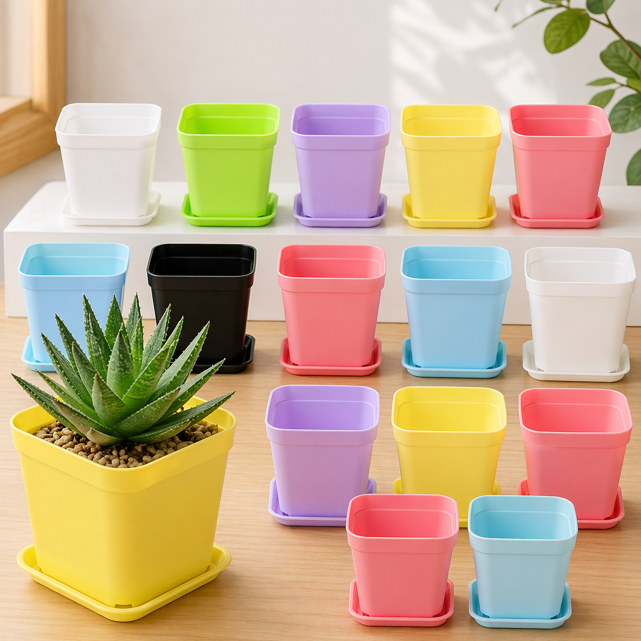 Mini Square Plant Pots With Trays 20 Piece Set For Succulents And Herbs