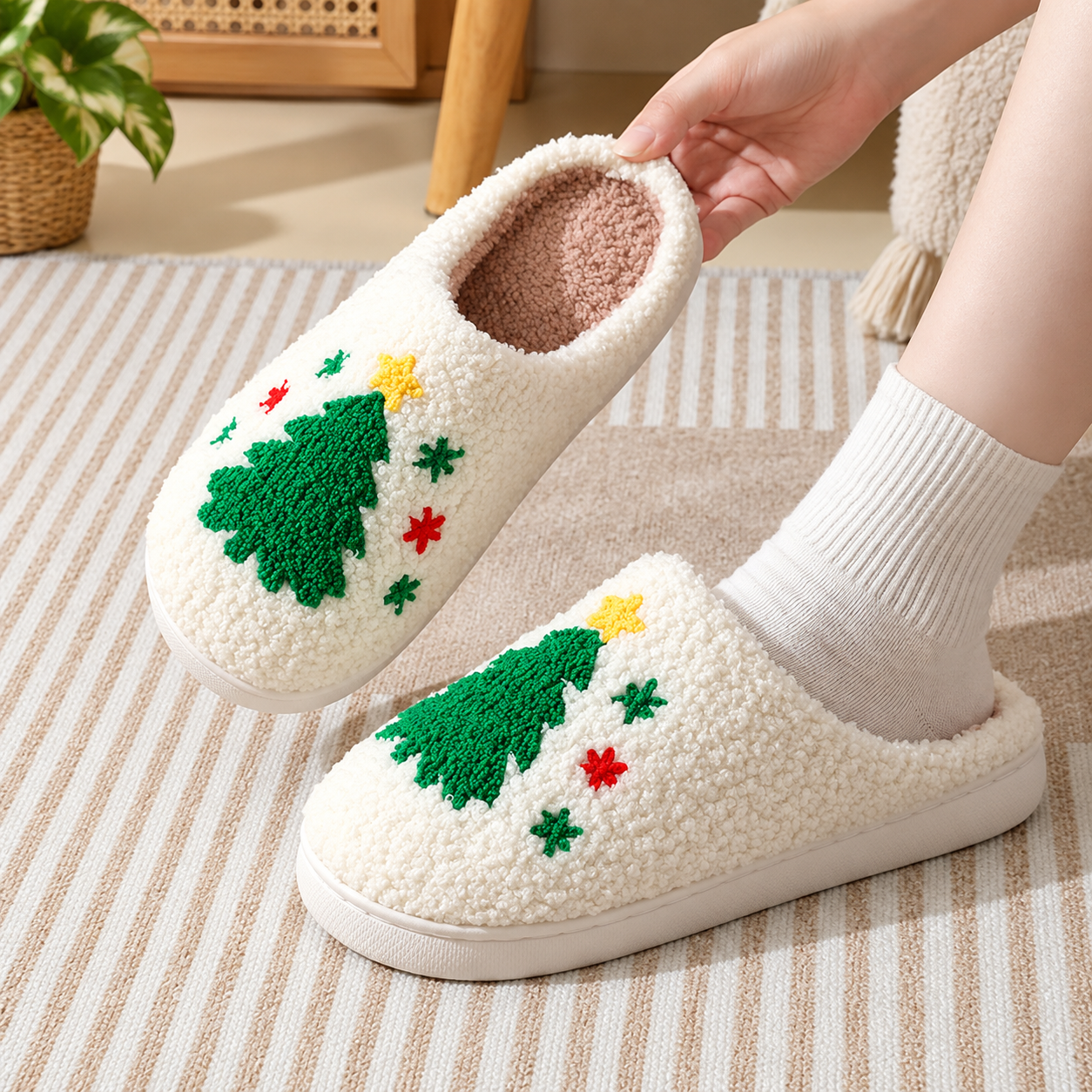Christmas Plush Warm Slip On House Slippers for Women and Men