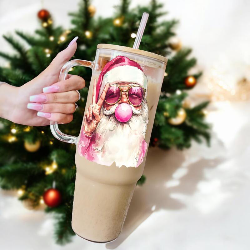 40oz Christmas Cheer Washable Glass Cup With Bamboo Lid And Silicone Straw