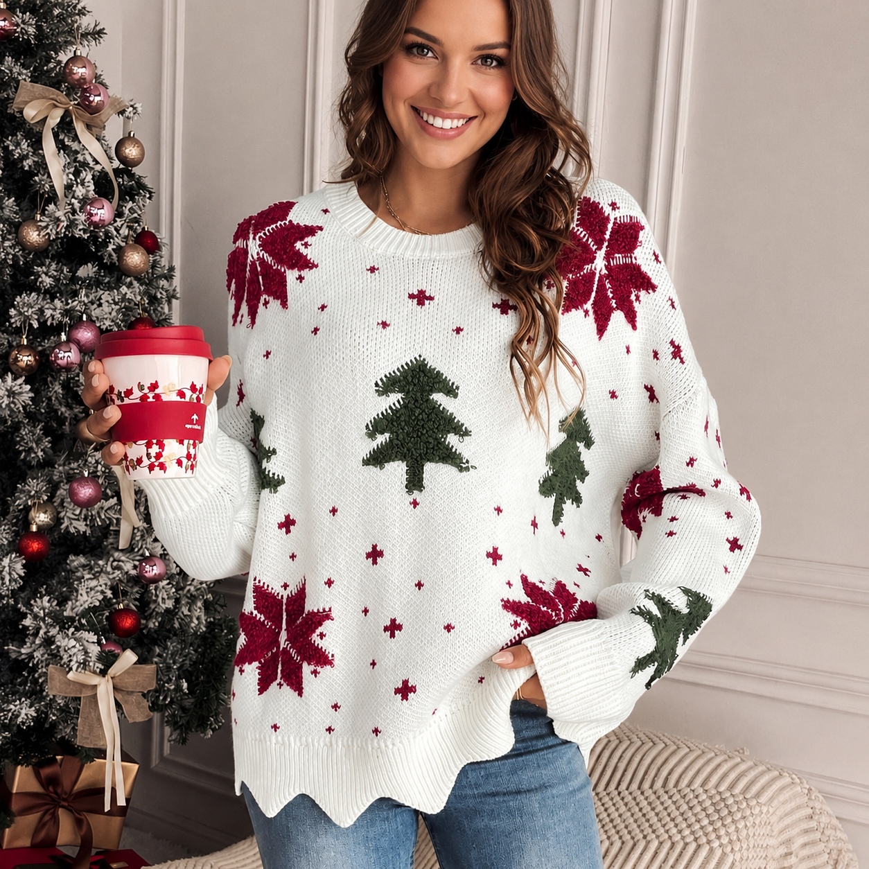 Casual Christmas Pattern Scallop Trim Sweater For Women