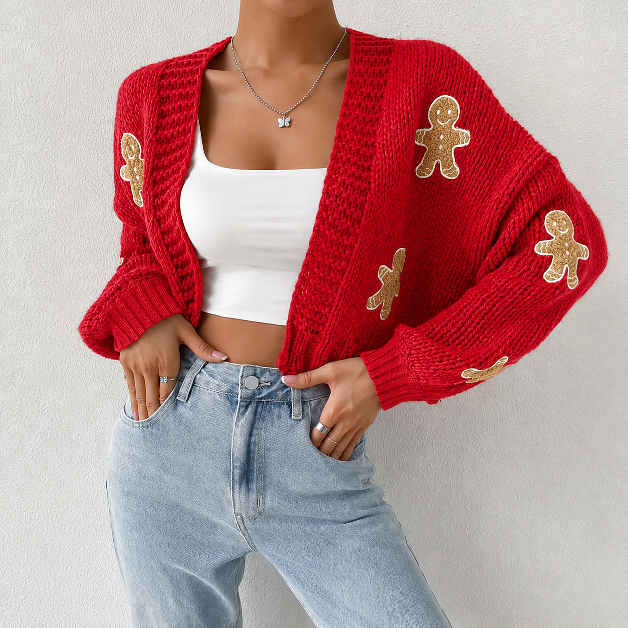Cropped Knit Gingerbread Pattern Christmas Cardigan Sweater For Women