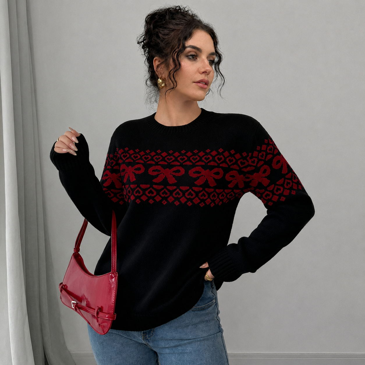 Casual Minimalist Everyday Bow Decor Christmas Sweater For Women