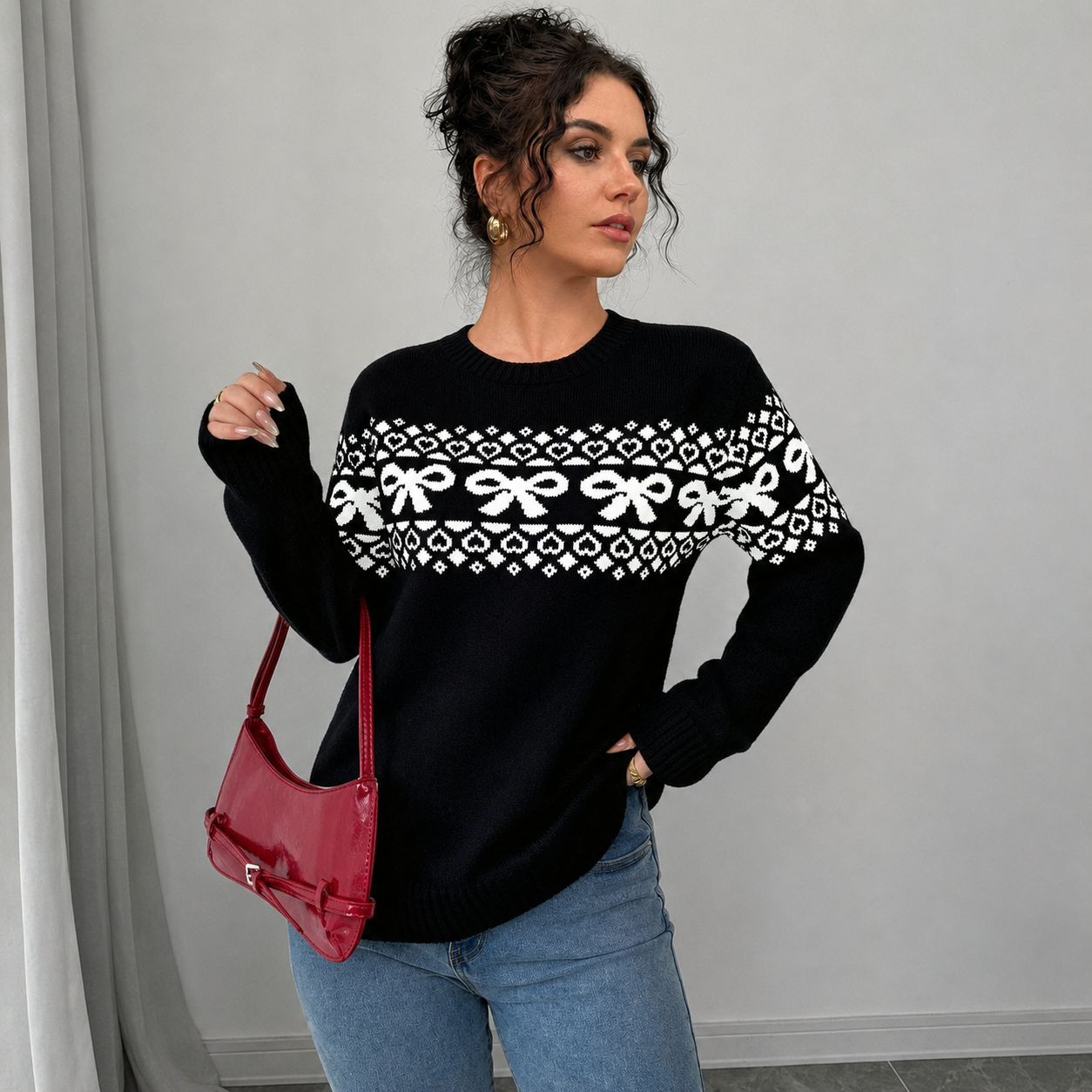 Casual Minimalist Everyday Bow Decor Christmas Sweater For Women